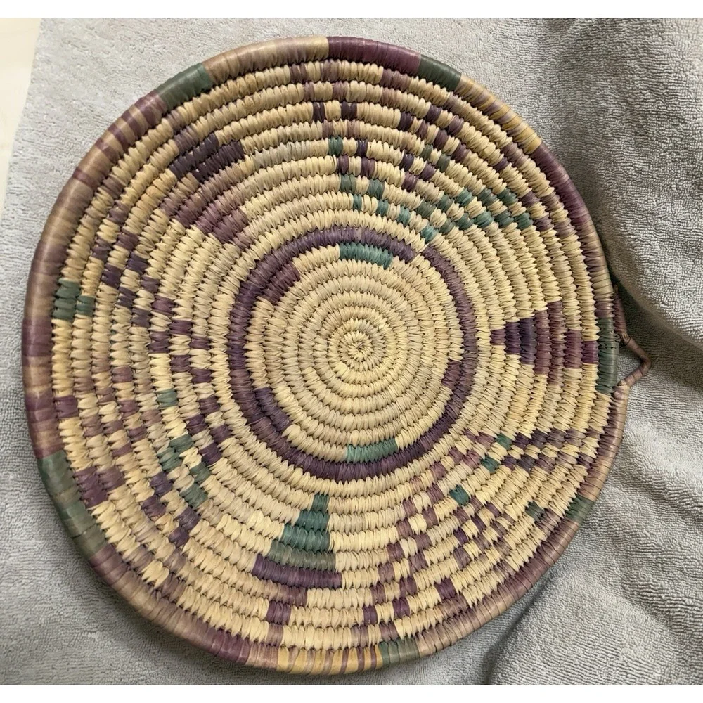 Handmade Grass Woven Platter Natural‎ Purple Green 12.5